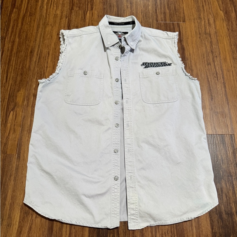 Harley-Davidson Sleeveless Button-Down Vest Gray Embroidered Engine Graphic L